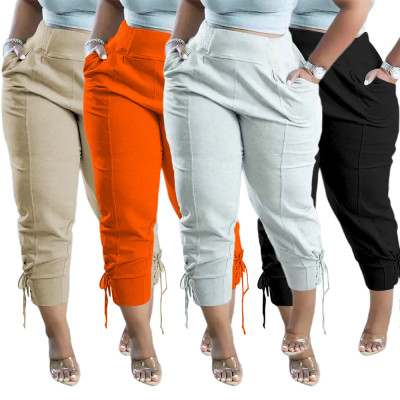 Women Summer Casual Solid Drawstring Lace-Up Stretch Trousers