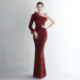 Women Sequin Craft Yarn One Shoulder Long Sleeve Sequin Long Fishtail Evening Dress