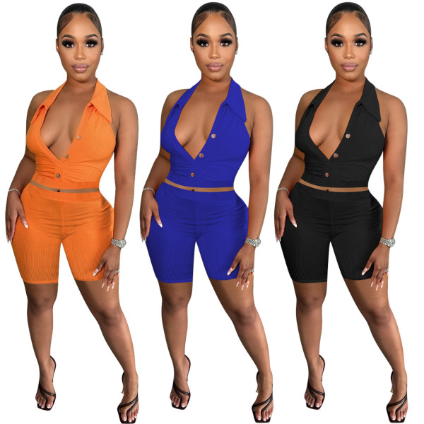 Women'S Clothing Fashion Casual Solid Color Sleeveless Two Piece Shorts Set
