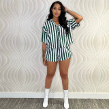 Women's Sexy Fashion Shorts Suit Button Stripe Shirt Two Piece Summer