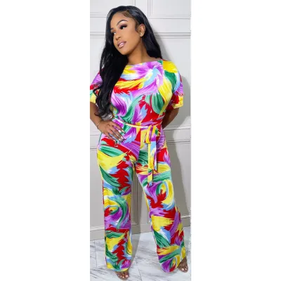 Women's Summer Trend Print Belt Loose Casual Jumpsuit