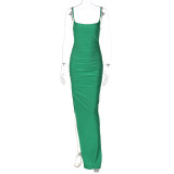 Summer Solid Sling Low Back Slim Fit Slit Maxi Dress