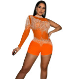 Fashion Sexy Tight Fitting Nightclub Single Sleeve Mesh See-Through Jumpsuit Women