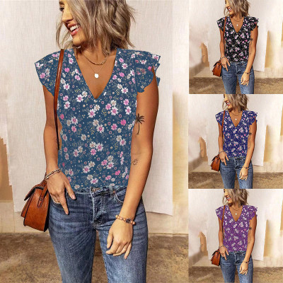 summer Women loose Floral V-neck Ruffle Sleeve Top