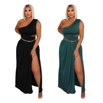 Sexy Women's One Shoulder Sleeveless Slit Pleated Skirt Suit