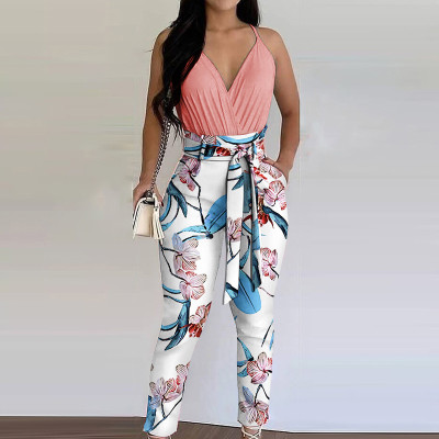 Women's Summer Chic Sexy Color block V-Neck Sling Strap Jumpsuit