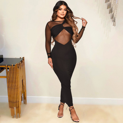 Women's Sexy Tight Fitting Mesh See-Through Solid Color Long Sleeve Dress