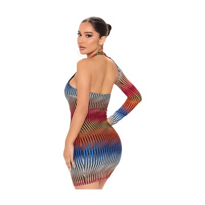 Women Sexy One Shoulder Long Sleeve Striped Cut Out Bodycon Dress