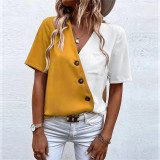 summer Women V-neck chiffon Fashion Contrast Short Sleeve Shirt