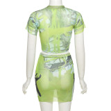 Summer Women's Fashion Graffiti Round Neck Short Sleeve Tight Fitting Bodycon Dress