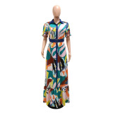 Women fashion print V-neck button Patchwork dress with belt