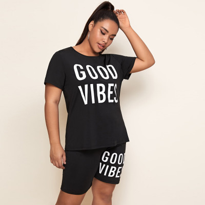 Plus Size Women'S Clothing Casual Letter Printing Tshirt And Shorts Two Piece Set