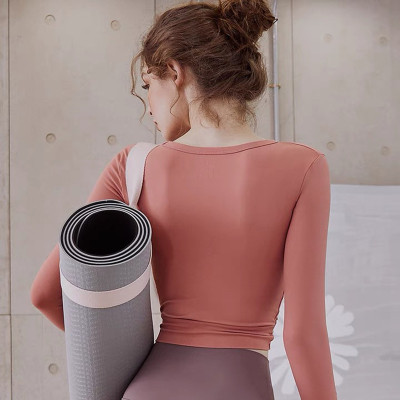 Tight Fitting Yoga Top Round Neck Sexy Crop Quick Dry Gym Solid Color Running Yoga Clothes Long Sleeve Women
