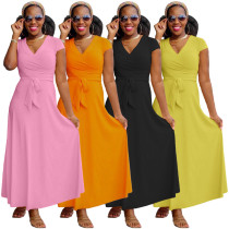 Women Casual Short Sleeve Solid Long Dress