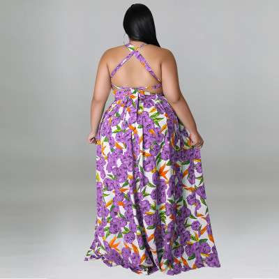 Plus Size Women'S Summer Sexy Floral Printing Straps Backless Slit Maxi Dress