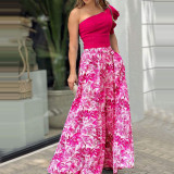 Women Style One-shoulder Top + Printed Swing Skirt Two-piece Set