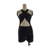 womens sexy Hater neck sequins one-piece shorts