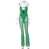 Women'S Summer Fashion Patchwork Sexy Hollow Out Backless Tie Mesh Jumpsuit