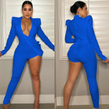 Fashion Sexy Solid Color Tight Fitting V Neck Long Sleeve Jumpsuit Women