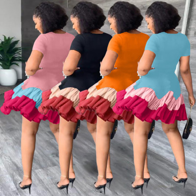 Women Summer Colorblock Short Sleeve Pleated Dress