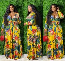 Women'S Sexy V-Neck Floral Printed Plus Size Long Sleeve Slit Maxi Dress