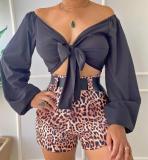 Women lace-up v-neck long-sleeved plain shirt + printed Shorts two-piece set