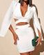 Women's White Long Sleeve V-Neck Blazer Top Skirt Two Piece
