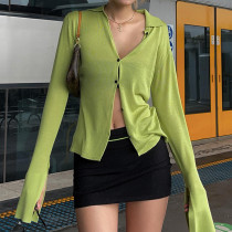 Summer Turndown Collar Breasted Slit Long Sleeve Women'S Shirt Top