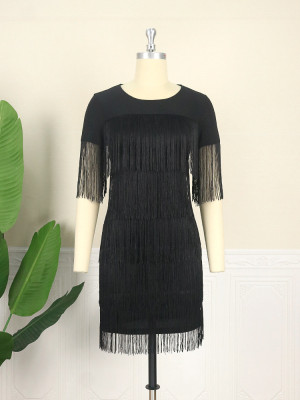 Fashion Round Neck Fringe Tassels Patchwork Short Sleeve High Waist Slim Short Female Party Dress