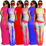 Women's Spring Summer Positioning Print Round Neck Short Sleeve Dress Maxi Dress