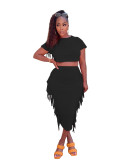 Women's Solid Color Sexy Fashion Dress Set Round Neck Side Fringe Maxi Dress Two Piece