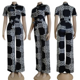 Women'S Clothing Fashion Casual Short Sleeve Turndown Collar Printing Jumpsuit