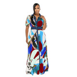 Women fashion print V-neck button Patchwork dress with belt