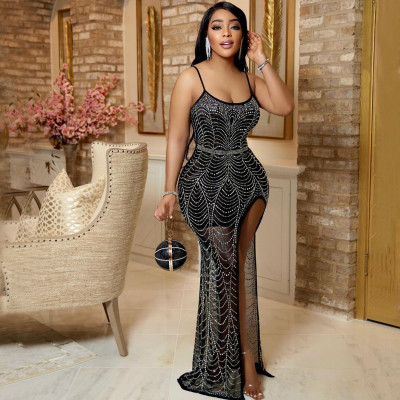 Women's Sexy Nightclub Mesh Beaded Straps Party Dress