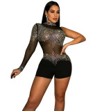 Fashion Sexy Tight Fitting Nightclub Single Sleeve Mesh See-Through Jumpsuit Women