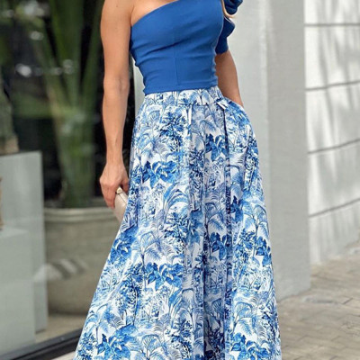 Women Style One-shoulder Top + Printed Swing Skirt Two-piece Set