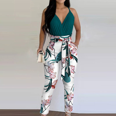 Women's Summer Chic Sexy Color block V-Neck Sling Strap Jumpsuit