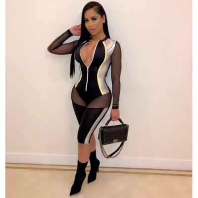 Women's Summer Color Contrast Patchwork Mesh See-Through Sexy Jumpsuit