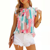 Summer Women's Loose Sleeveless Top Multi-Color Printed Chiffon Shirt
