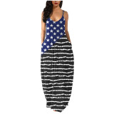 Summer Women'S Plus Size American Flag Print Sleeveless Strap Loose Casual Long Dress