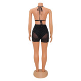 Women's Fashion Sexy Tight Fitting Mesh See-Through Beaded Two-Piece Shorts Set for Women