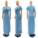 Plus Size Women's Solid Slash Shoulder Ruber Print Loose Dress