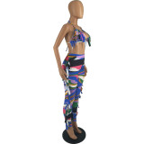 Women's Tie-Dye Print Fashion Sexy Halter Tassels Two Piece Pants Set