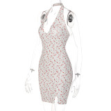 Women'S Summer Fashion Printed V-Neck Backless Slim Bodycon Dress