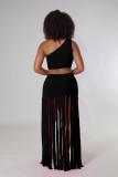 Summer Women sexy SlashShoulder sleeveless Crop top + fringed dress two-piece