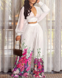 Women's Printed V-Neck Bat Sleeves Pleated Pant Set