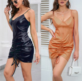 Women Fashion Sexy V-Neck Low Back Drawstring Bodycon Dress Pu Leather Slip Dress