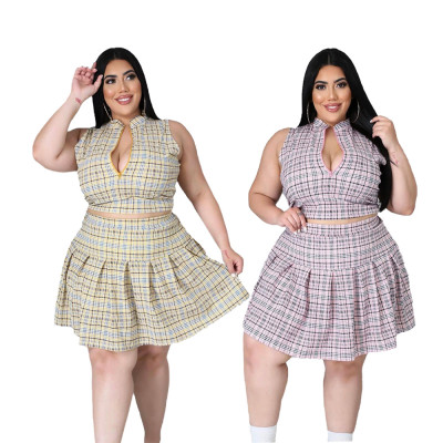 Plus Size Women's Plaid Print Zip Pleated Two-Piece Dress