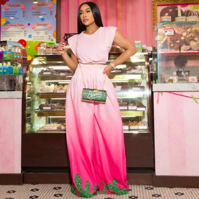 Women's Fashion Gradient Print Shoulder Pad Sleeveless T-Shirt & Wide Leg Pants Two Piece Set