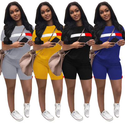 Women Casual Sports Side Stripe Short Sleeve Top+ Shorts Two-piece Set